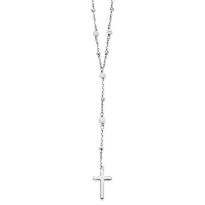 Sterling Silver Rhodium-Plated Beaded Fwc Pearl Cross W/2 In Ext. Necklace