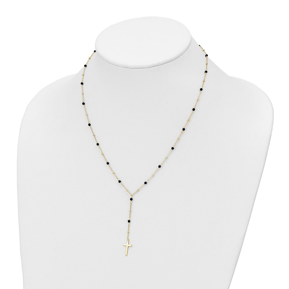 Sterling Silver Gold-Tone Beaded Onyx Cross W/2 In Ext. Necklace