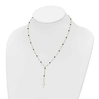 Sterling Silver Gold-Tone Beaded Onyx Cross W/2 In Ext. Necklace
