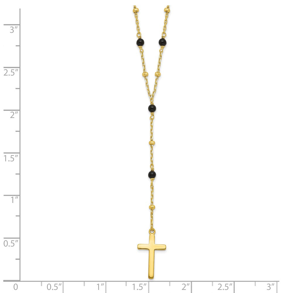 Sterling Silver Gold-Tone Beaded Onyx Cross W/2 In Ext. Necklace