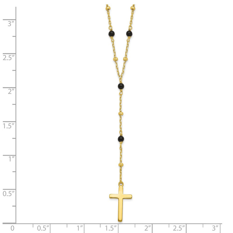 Sterling Silver Gold-Tone Beaded Onyx Cross W/2 In Ext. Necklace