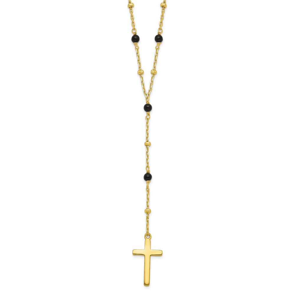 Sterling Silver Gold-Tone Beaded Onyx Cross W/2 In Ext. Necklace