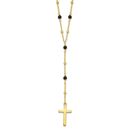 Sterling Silver Gold-Tone Beaded Onyx Cross W/2 In Ext. Necklace