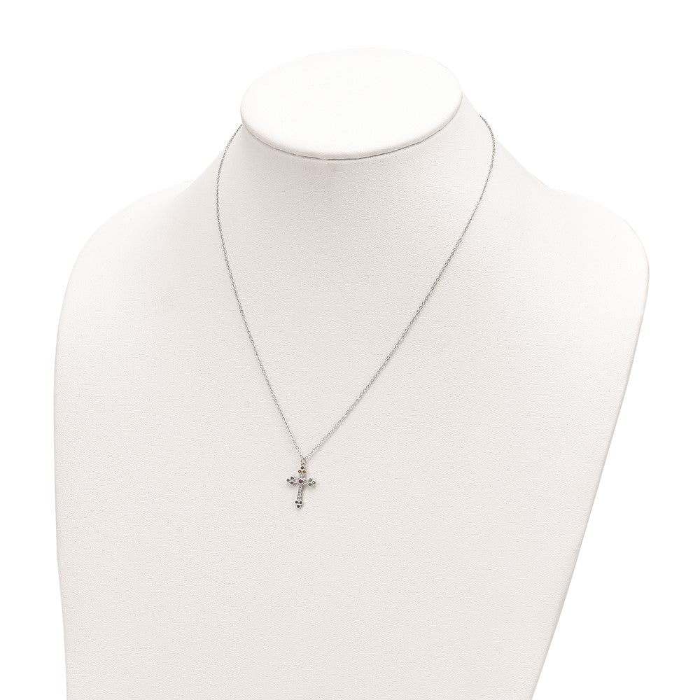 Sterling Silver Rhodium-Plated Polished Multi-Color Cz Cross Necklace