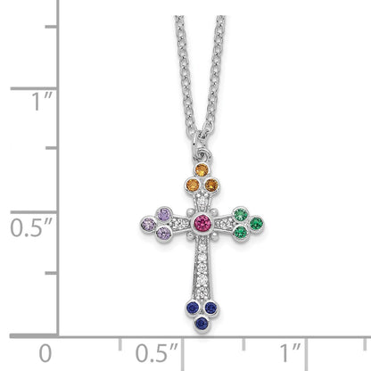 Sterling Silver Rhodium-Plated Polished Multi-Color Cz Cross Necklace