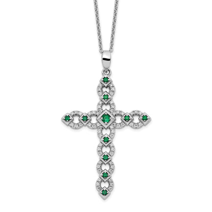 Sterling Silver Rhodium-Plated Cz & Green Nano Crystal Cross 18In Necklace