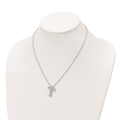 18 Inch Sterling Silver Rhodium-Plated Cz And Cross D/C Bead Chain Necklace