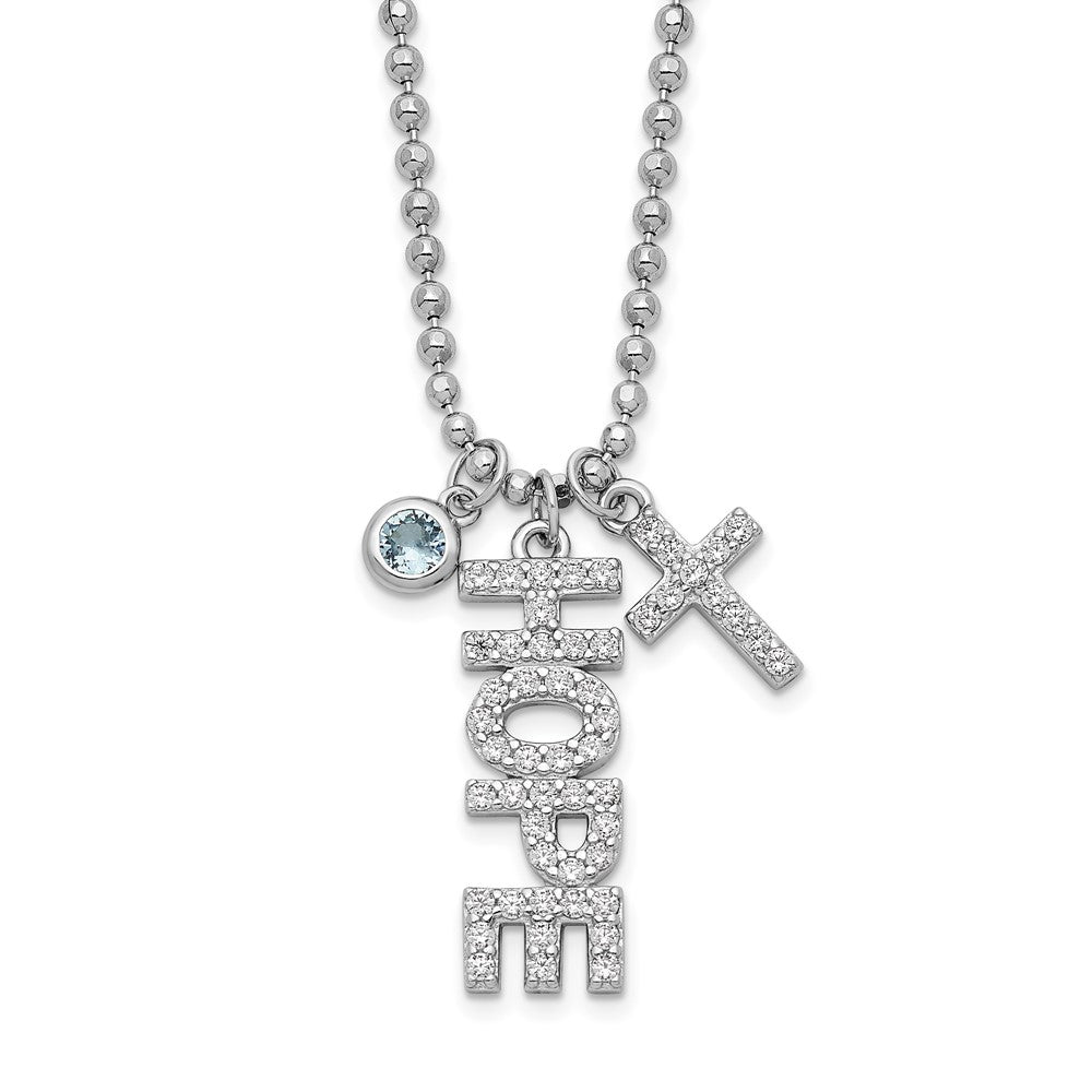 18 Inch Sterling Silver Rhodium-Plated Cz And Cross D/C Bead Chain Necklace