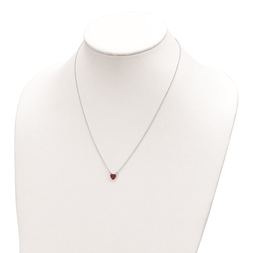 Sterling Silver 18.25In Rhodium-Plated Polished Red Crystal Heart Necklace