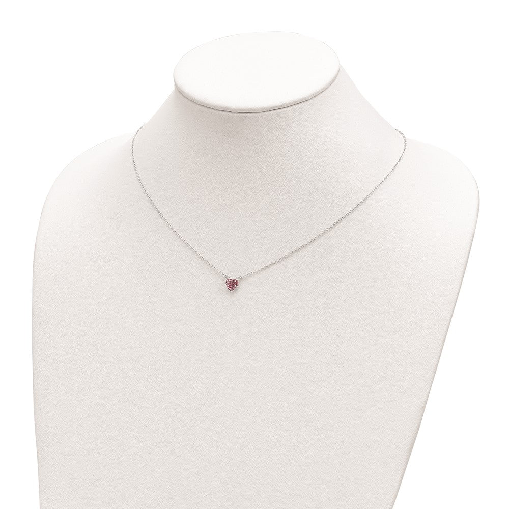 Sterling Silver Rhodium-Plated Polished Pink Crystal Heart Necklace