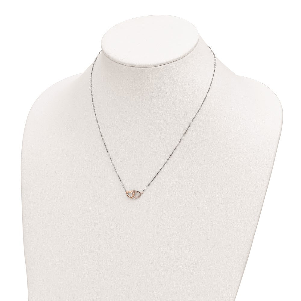 Sterling Silver Rhodium-Plated Rose Tone Polished Hearts Necklace