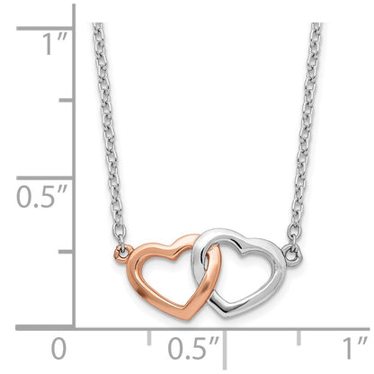 Sterling Silver Rhodium-Plated Rose Tone Polished Hearts Necklace