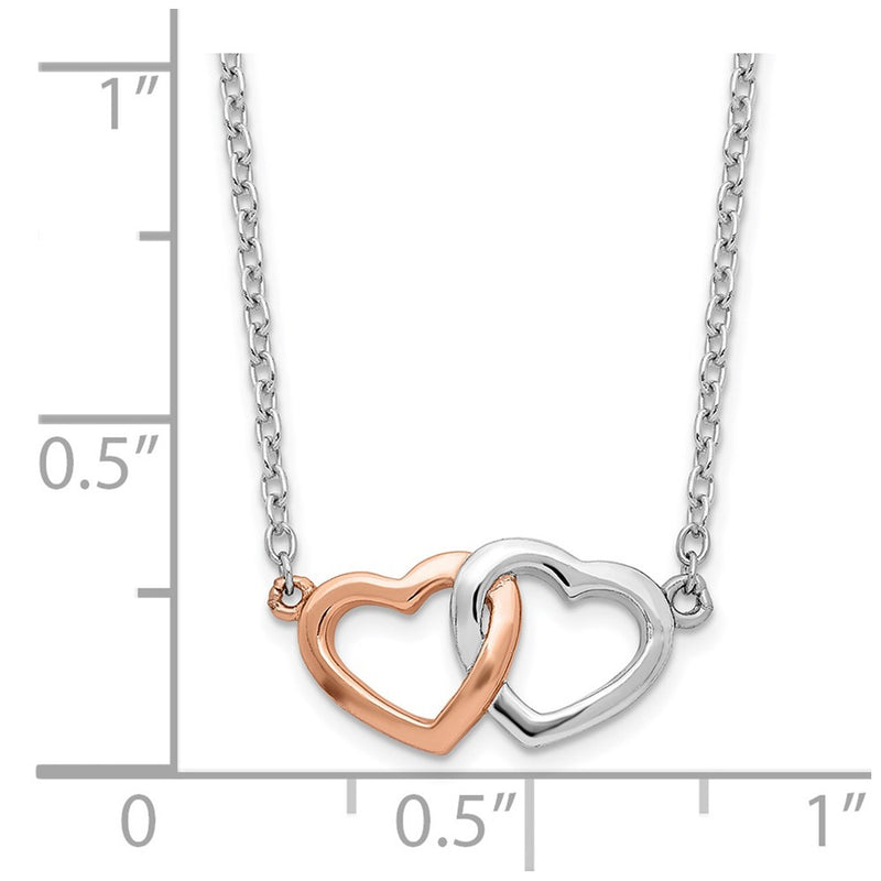 Sterling Silver Rhodium-Plated Rose Tone Polished Hearts Necklace