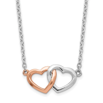 Sterling Silver Rhodium-Plated Rose Tone Polished Hearts Necklace