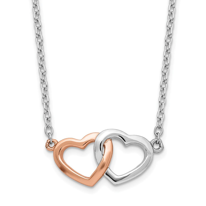 Sterling Silver Rhodium-Plated Rose Tone Polished Hearts Necklace
