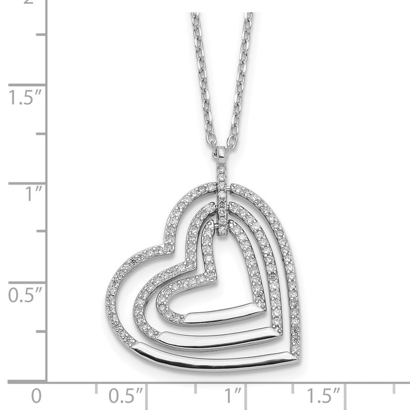 Sterling Silver Rhodium-Plated Triple Open Cz Heart W/2 In Ext. Necklace
