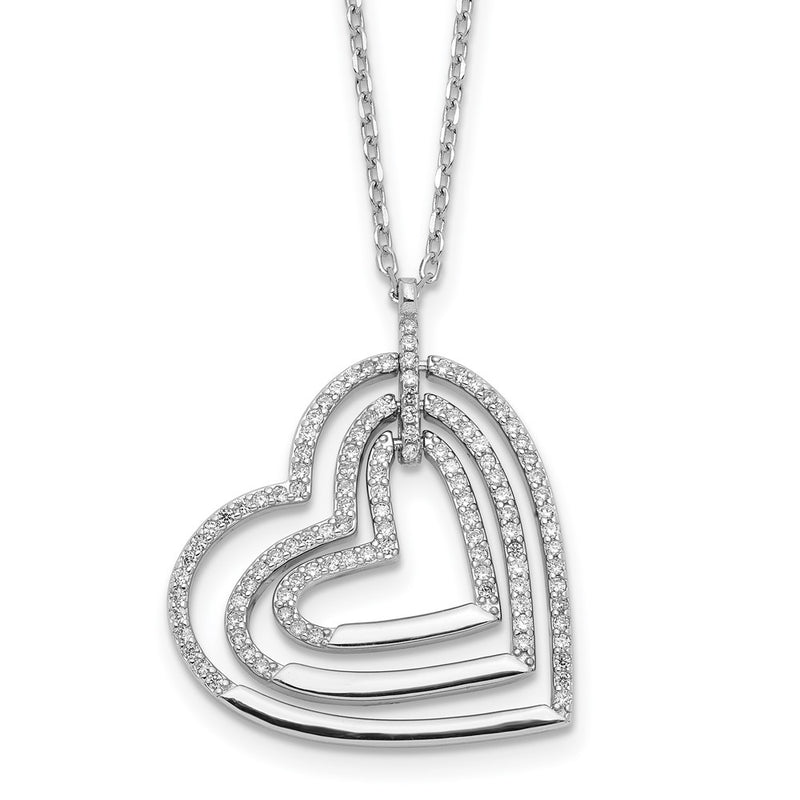 Sterling Silver Rhodium-Plated Triple Open Cz Heart W/2 In Ext. Necklace