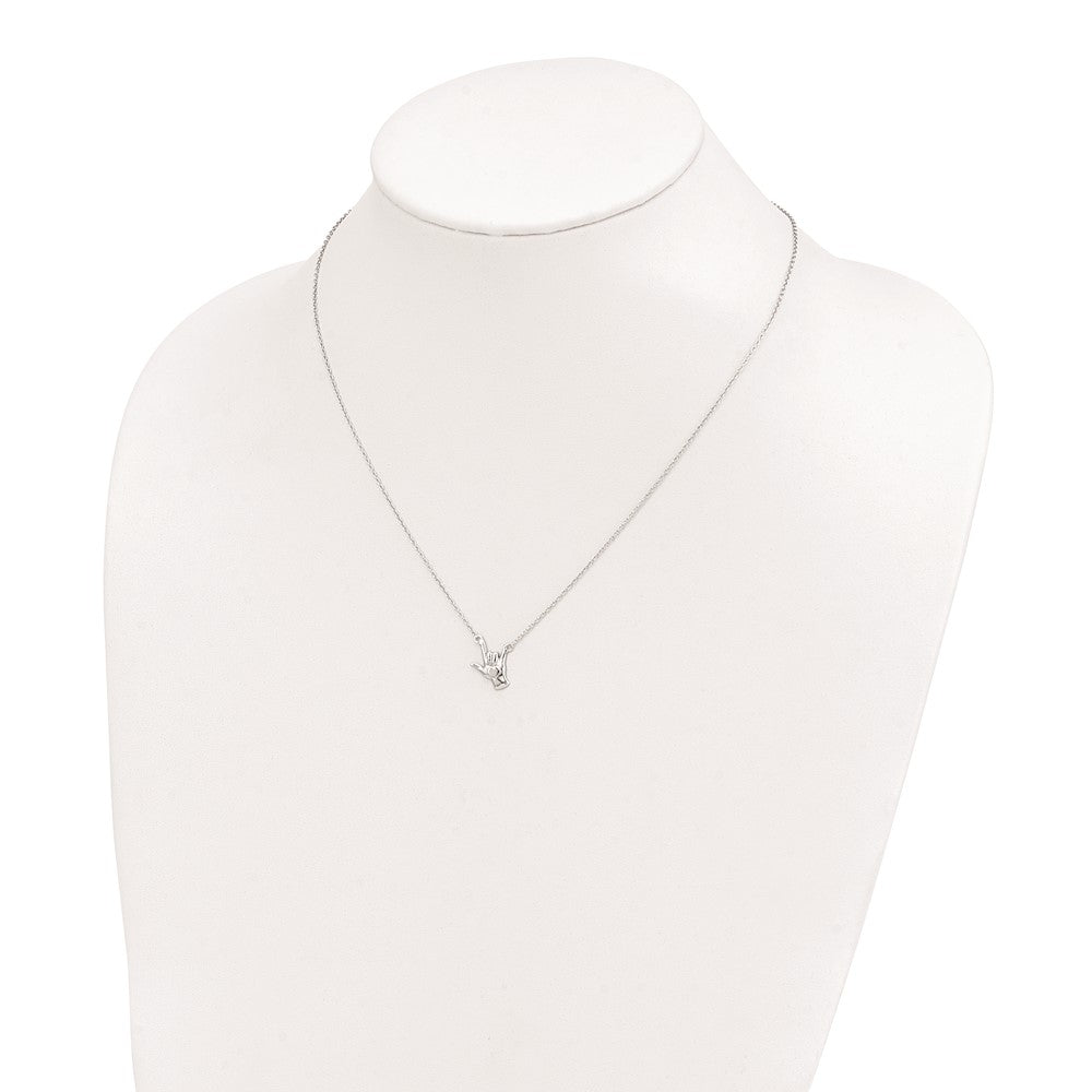 Sterling Silver Rhodium-Plated I Love You Hand Signal Necklace