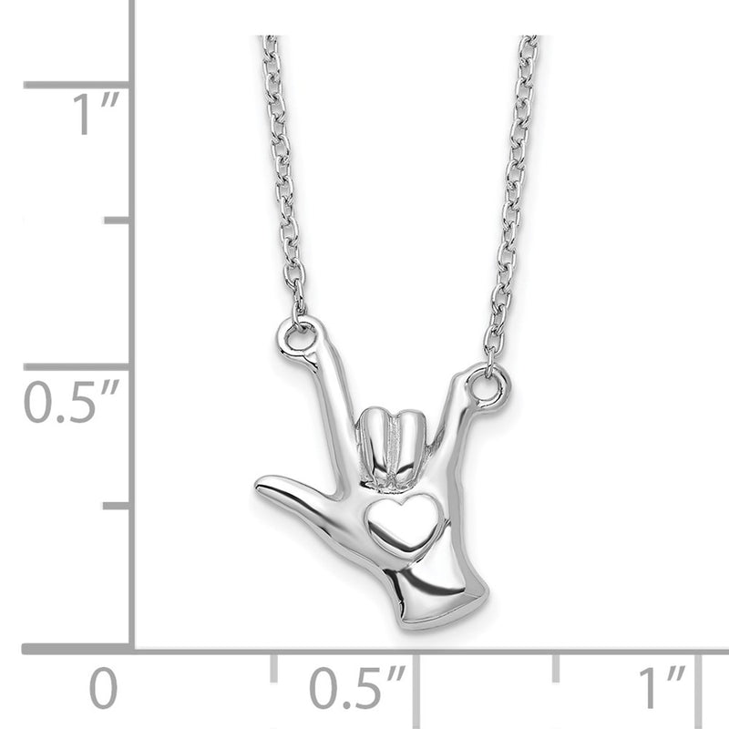 Sterling Silver Rhodium-Plated I Love You Hand Signal Necklace