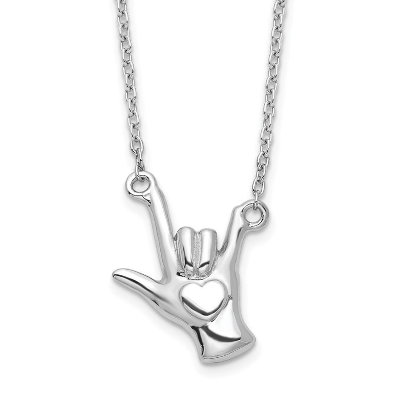 Sterling Silver Rhodium-Plated I Love You Hand Signal Necklace