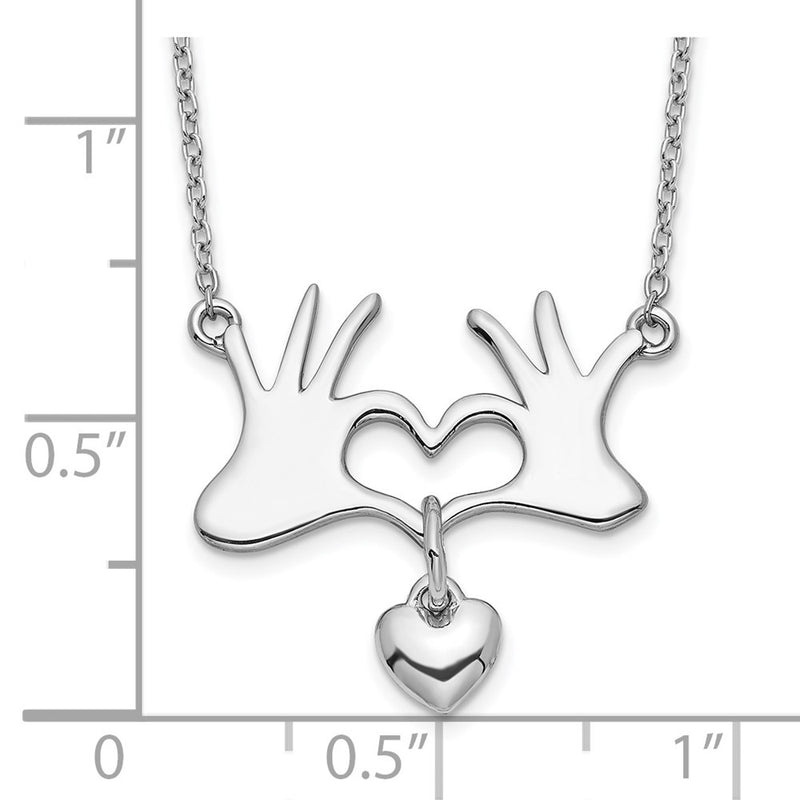 Sterling Silver Rhodium-Plated Hands Heart W/Dangle Necklace