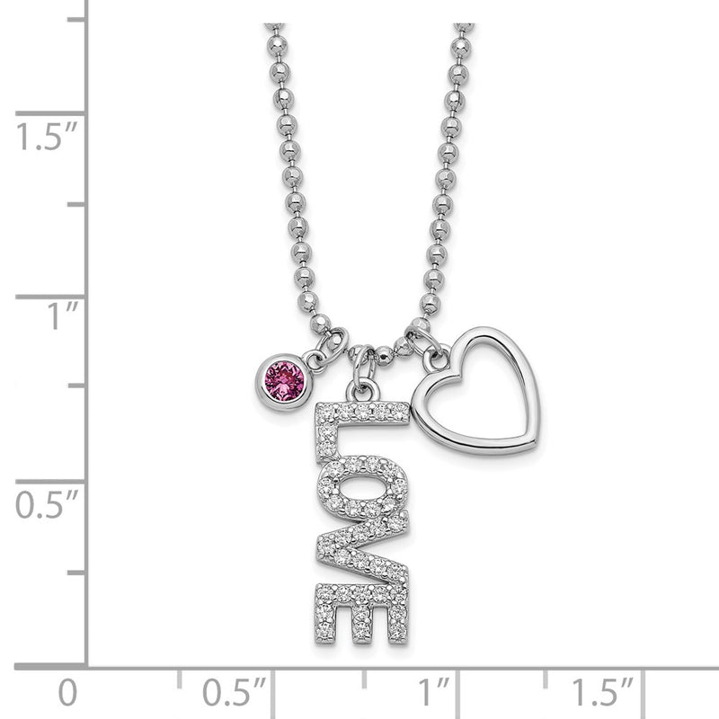 18 Inch Sterling Silver Rhodium-Plated Cz And Heart D/C Bead Chain Necklace