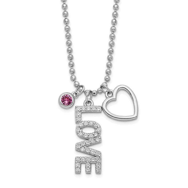 18 Inch Sterling Silver Rhodium-Plated Cz And Heart D/C Bead Chain Necklace