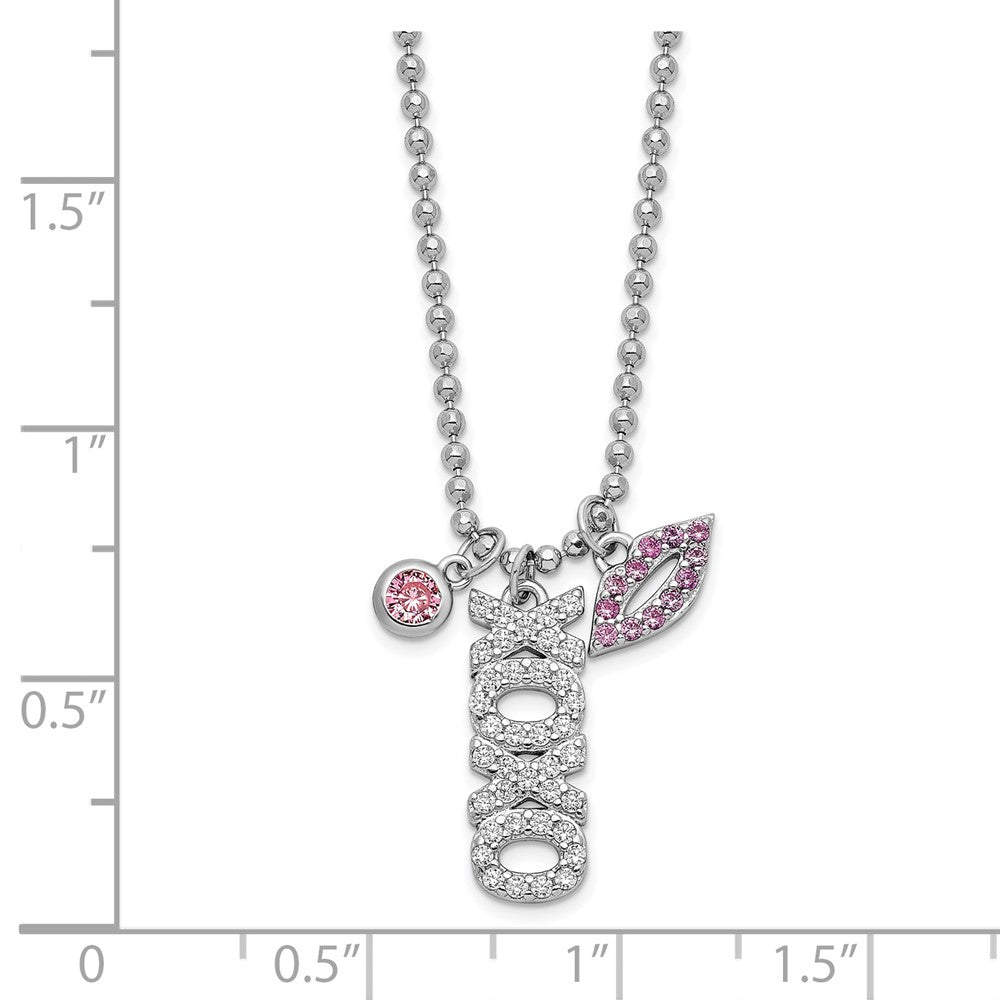 18 Inch Sterling Silver Rhodium-Plated Cz Xoxo And Lips D/C Bead Chain Necklace