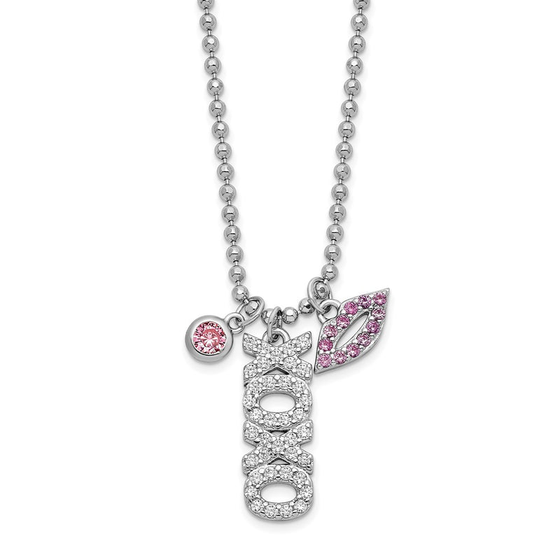 18 Inch Sterling Silver Rhodium-Plated Cz Xoxo And Lips D/C Bead Chain Necklace