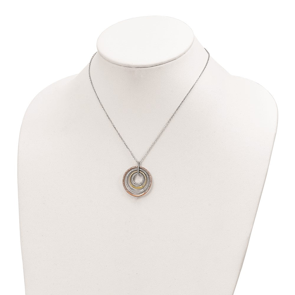 Sterling Silver Ss Rhodium-Plated Gold And Rose-Tone Cz Circles W/2 In Ext. Necklace