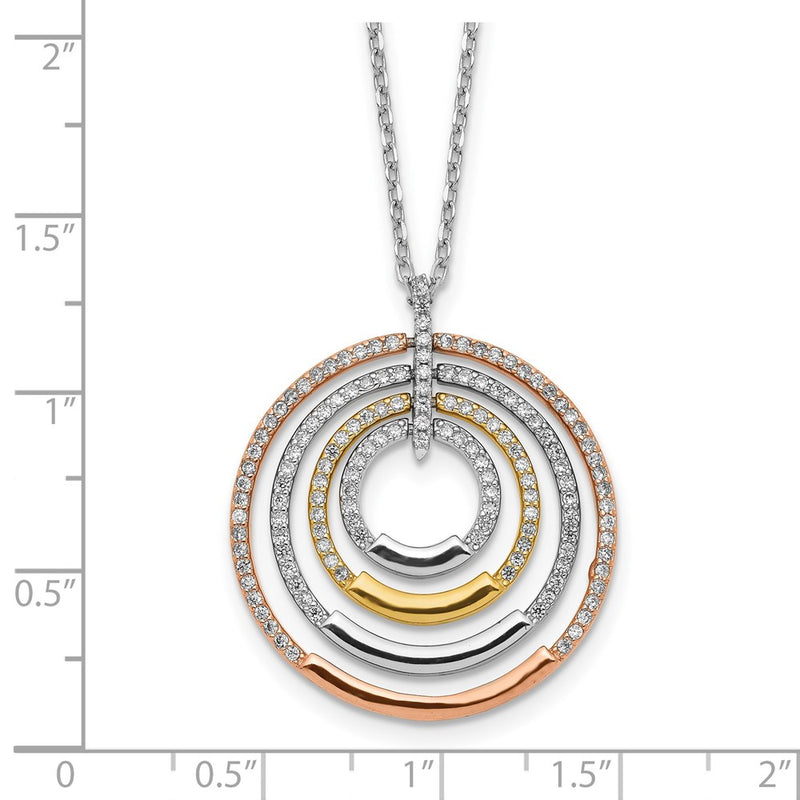 Sterling Silver Ss Rhodium-Plated Gold And Rose-Tone Cz Circles W/2 In Ext. Necklace