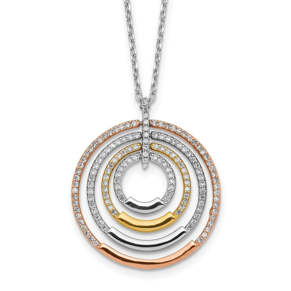 Sterling Silver Ss Rhodium-Plated Gold And Rose-Tone Cz Circles W/2 In Ext. Necklace