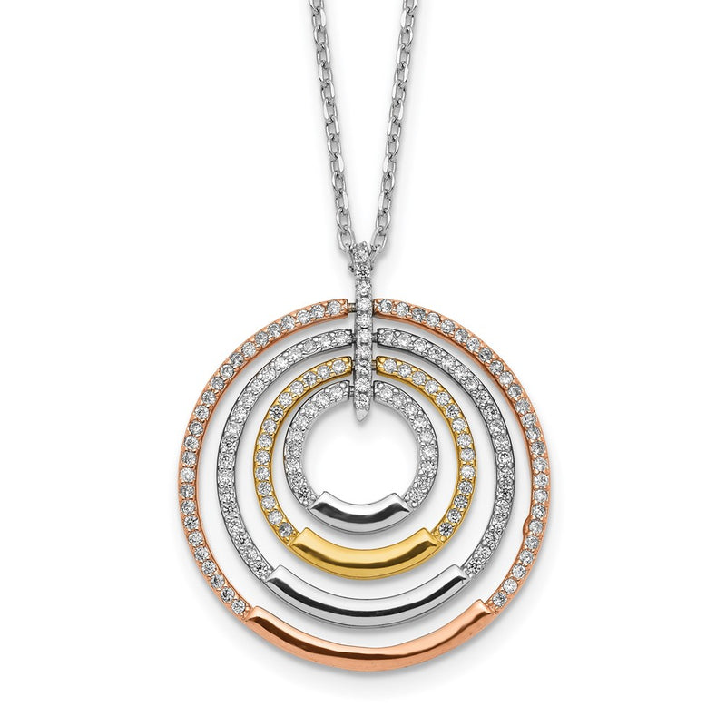 Sterling Silver Ss Rhodium-Plated Gold And Rose-Tone Cz Circles W/2 In Ext. Necklace