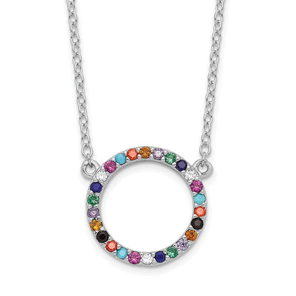 Sterling Silver Rhodium-Plated Polished Multi-Color Circle Cz Necklace