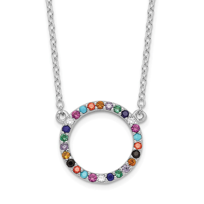 Sterling Silver Rhodium-Plated Polished Multi-Color Circle Cz Necklace
