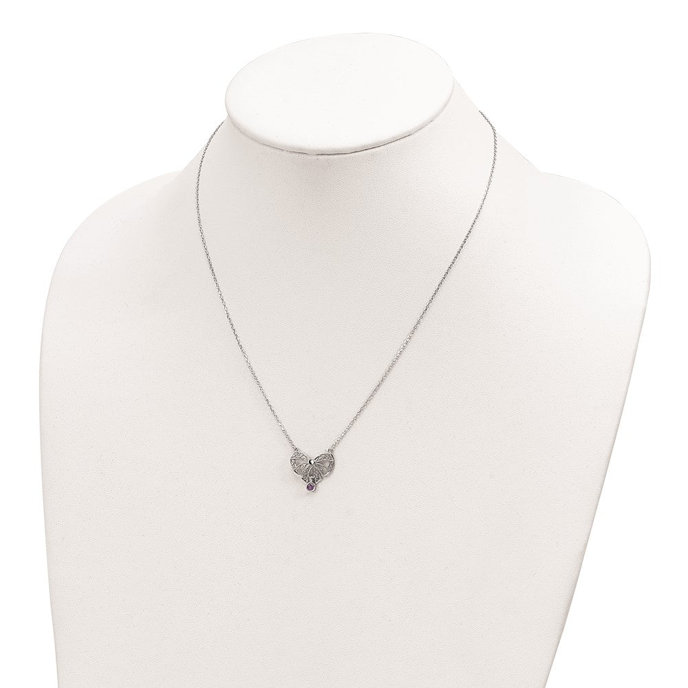 Sterling Silver Rhodium-Plated Polished Feb. Bow Cz Birthstone Necklace