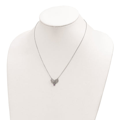 Sterling Silver Rhodium-Plated Polished Feb. Bow Cz Birthstone Necklace
