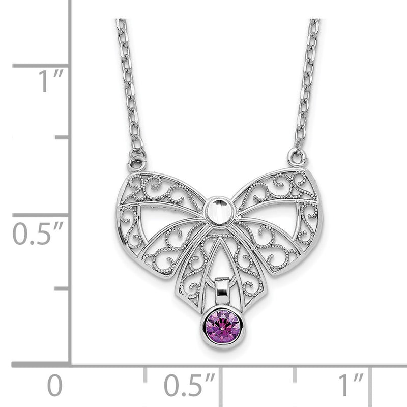 Sterling Silver Rhodium-Plated Polished Feb. Bow Cz Birthstone Necklace