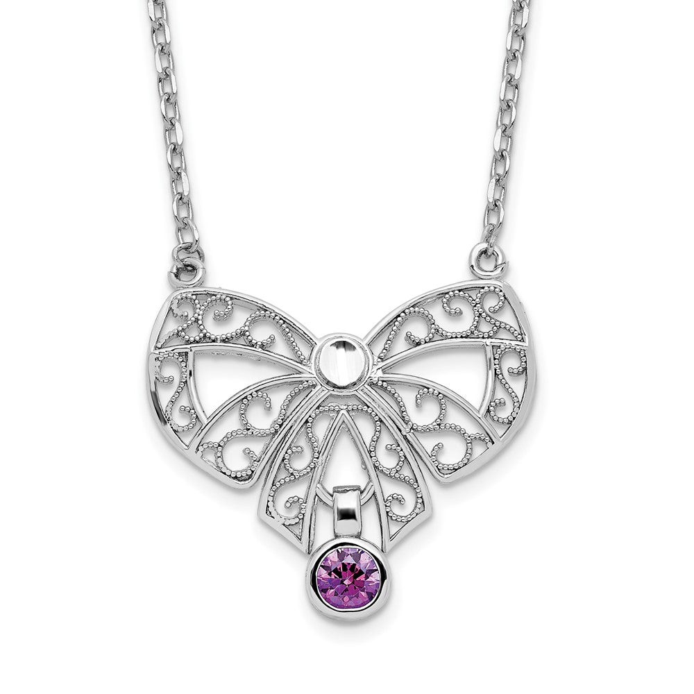 Sterling Silver Rhodium-Plated Polished Feb. Bow Cz Birthstone Necklace