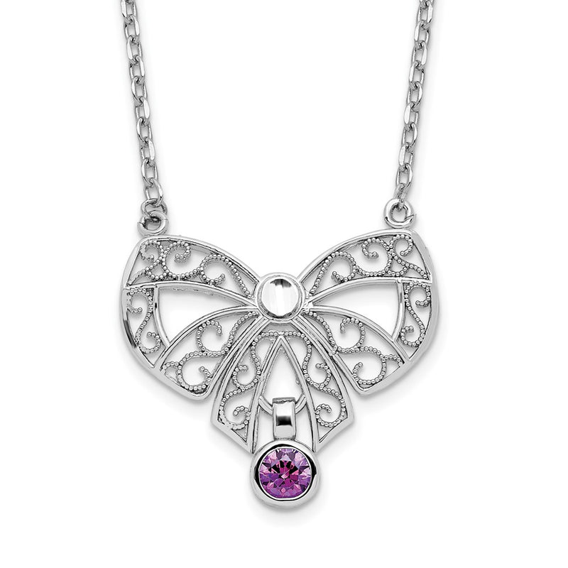 Sterling Silver Rhodium-Plated Polished Feb. Bow Cz Birthstone Necklace