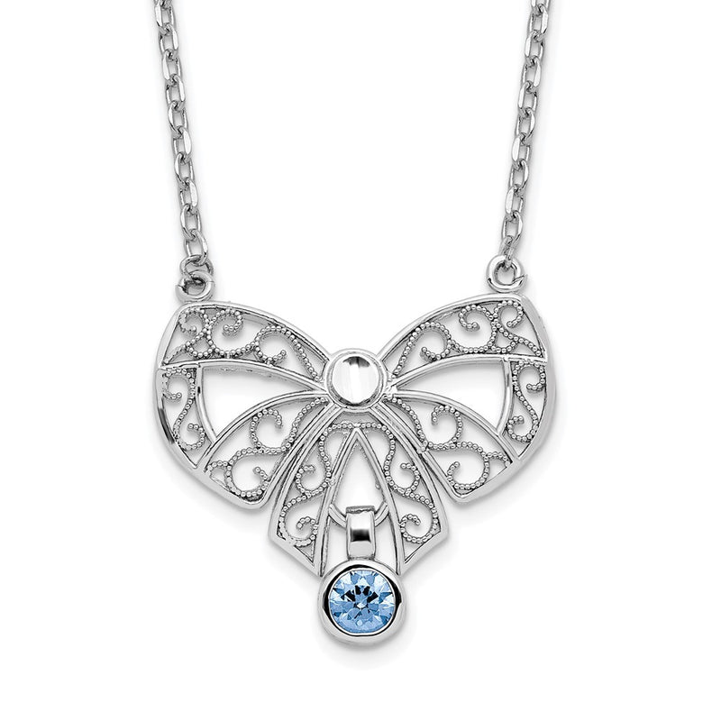 Sterling Silver Rhodium-Plated Polished March Bow Cz Birthstone Necklace