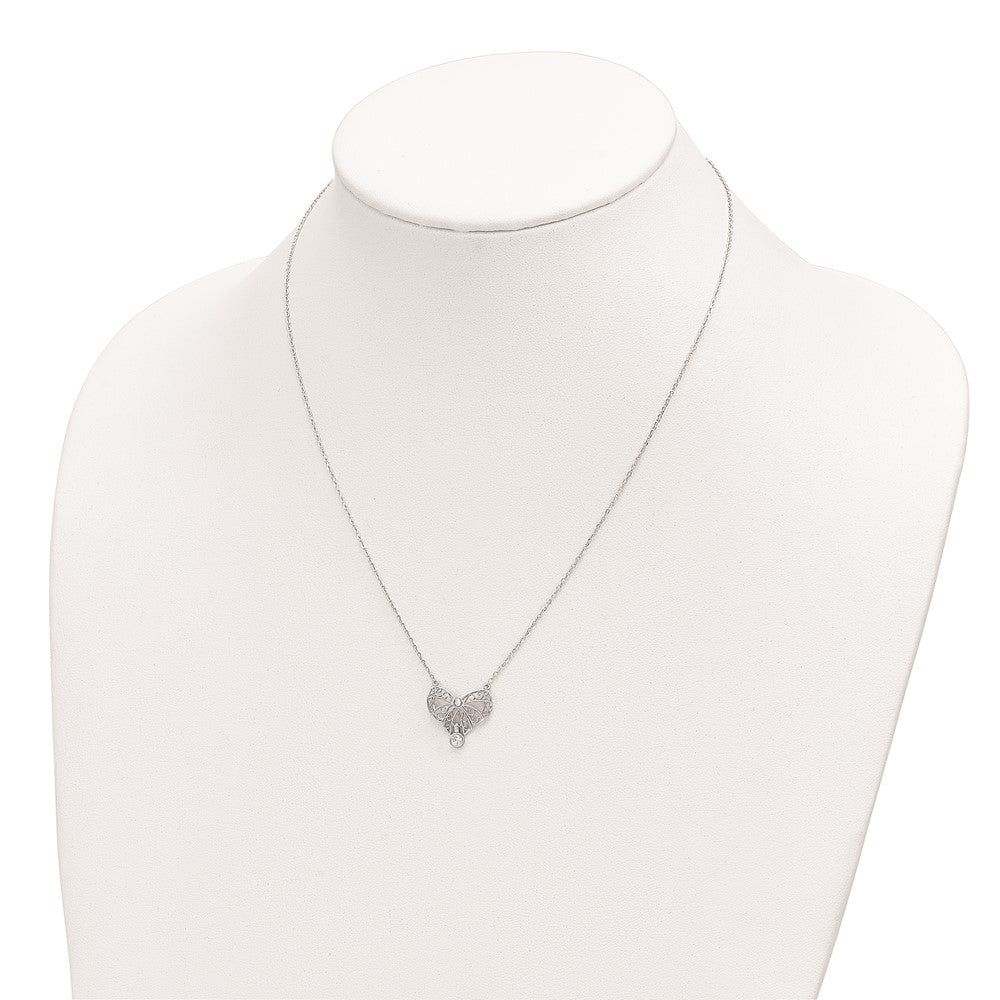 Sterling Silver Rhodium-Plated Polished April Bow Cz Birthstone Necklace