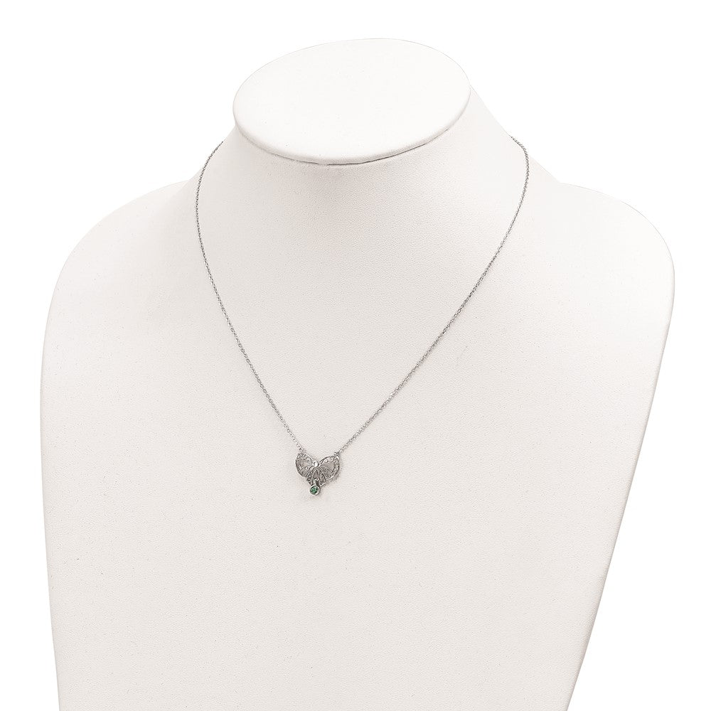 Sterling Silver Rhodium-Plated Polished May Bow Cz Birthstone Necklace