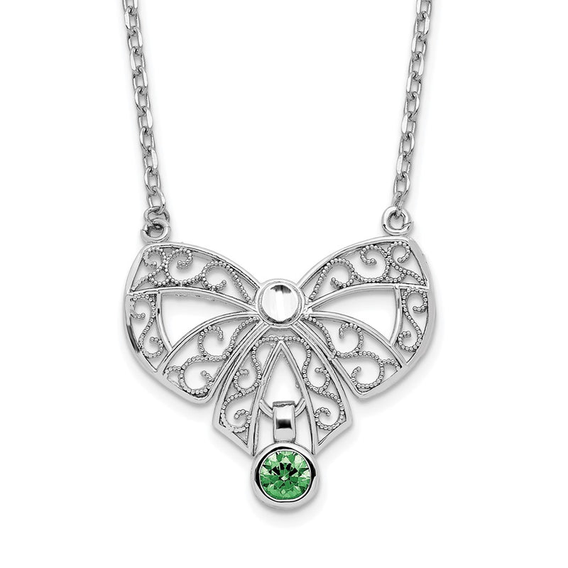 Sterling Silver Rhodium-Plated Polished May Bow Cz Birthstone Necklace