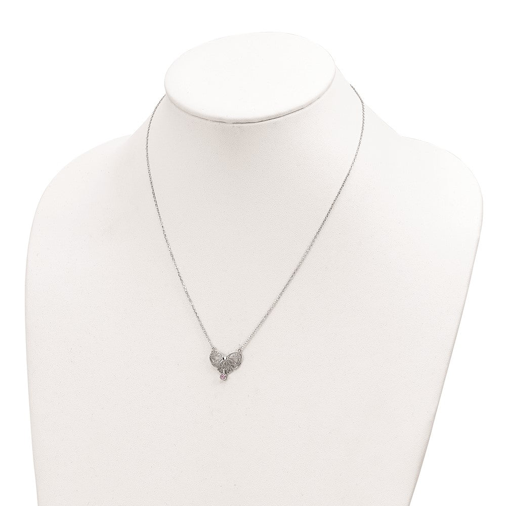 Sterling Silver Rhodium-Plated Polished June Bow Cz Birthstone Necklace