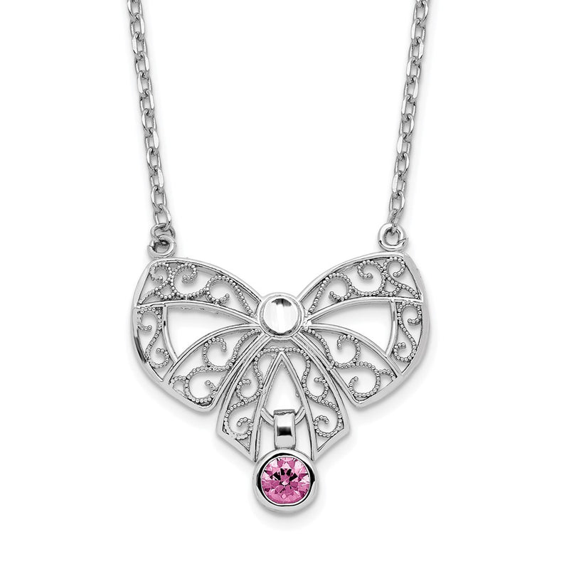 Sterling Silver Rhodium-Plated Polished June Bow Cz Birthstone Necklace