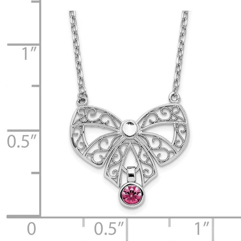 Sterling Silver Rhodium-Plated Polished July Bow Cz Birthstone Necklace