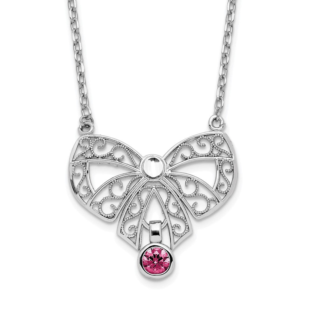 Sterling Silver Rhodium-Plated Polished July Bow Cz Birthstone Necklace