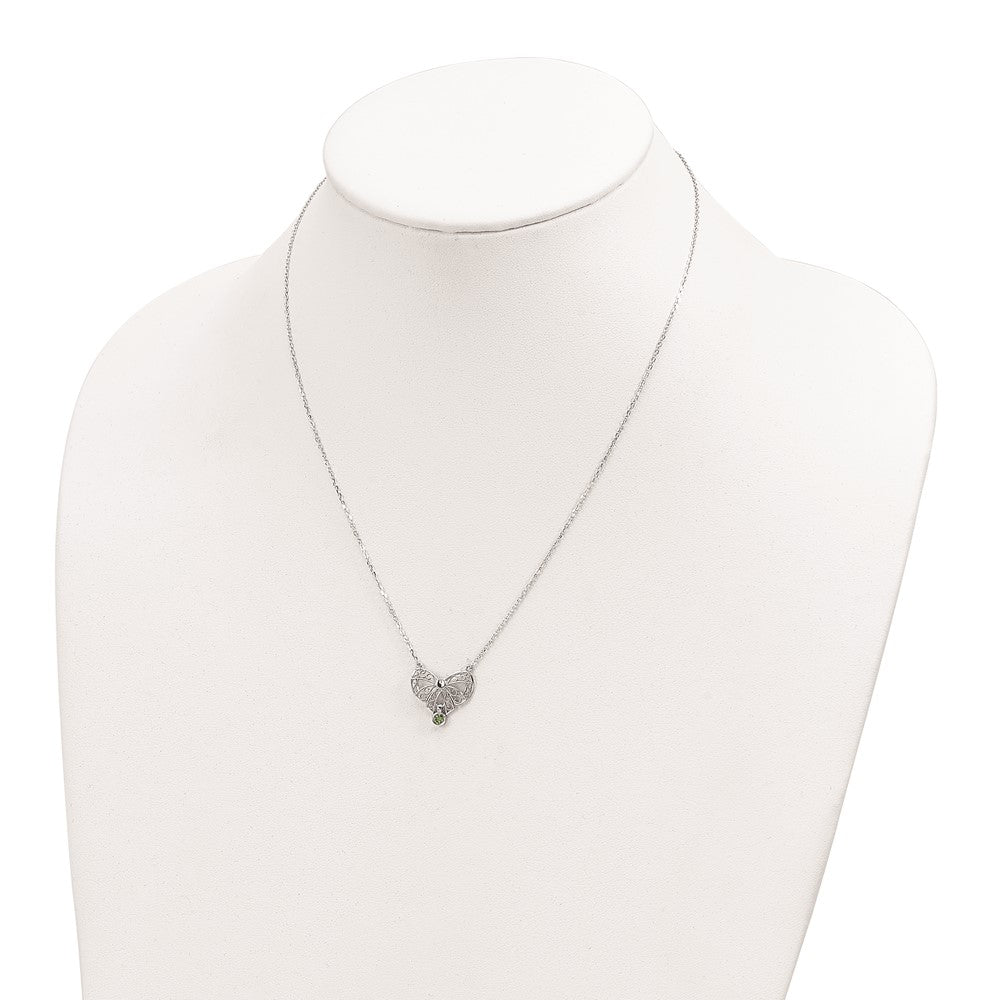 Sterling Silver Rhodium-Plated Polished Aug. Bow Cz Birthstone Necklace