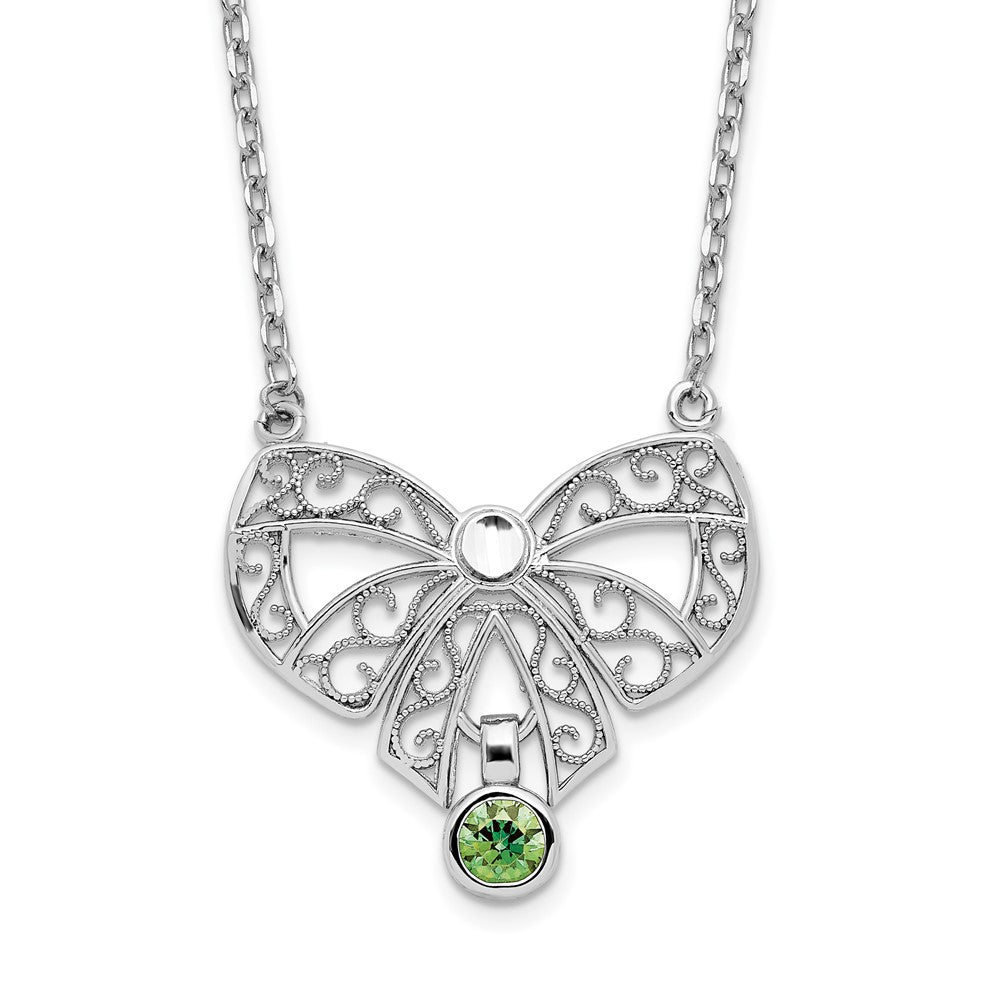 Sterling Silver Rhodium-Plated Polished Aug. Bow Cz Birthstone Necklace